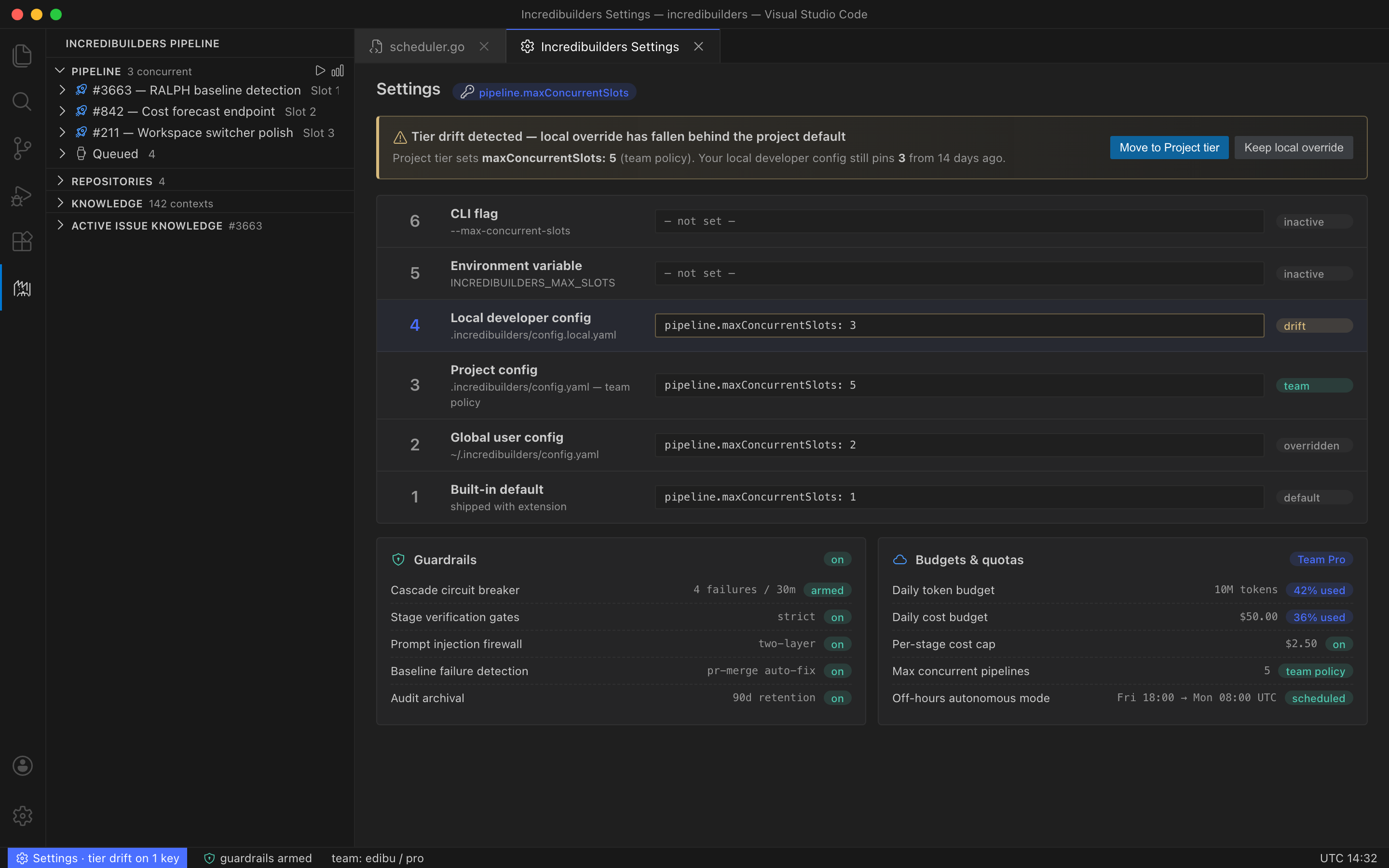 Six-tier config with drift detection — Settings panel